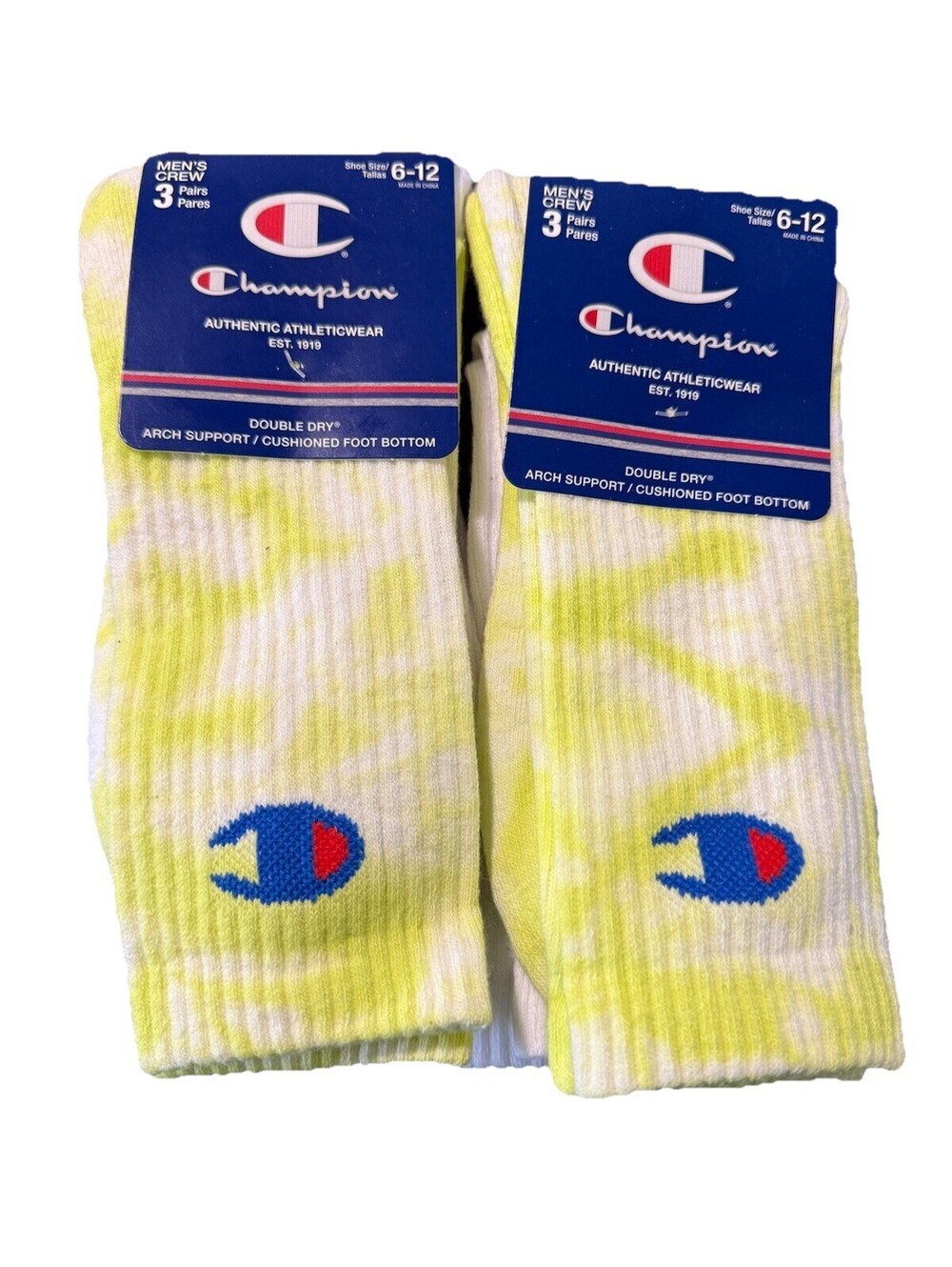 Champion Men's Crew Socks 3 Pairs Size 6-12 Yellow Tie-Dye